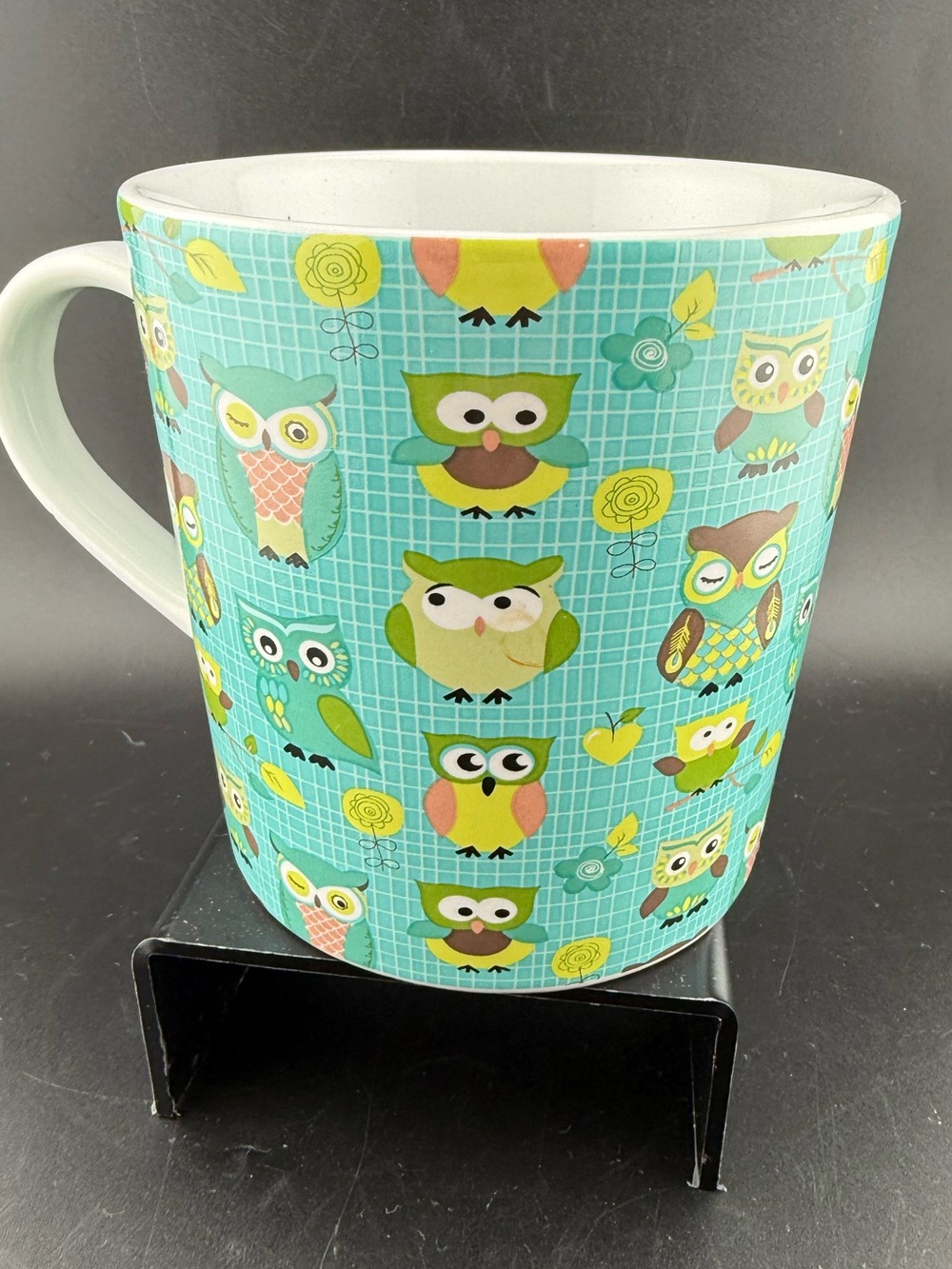 Turquoise ceramic mug w/retro-style owls & yellow flowers. By THL 18oz